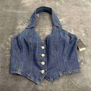 Levi's Denim Cropped Collared Halter Top Corset Look Womens Small Jean Stretch